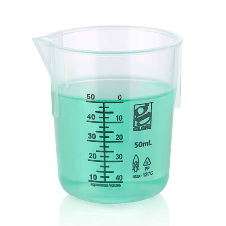 Globe Scientific 50mL Beaker, Diamond Essentials, Griffin Style, Low Form, Printed Graduations, PP, 12PK 3650-50